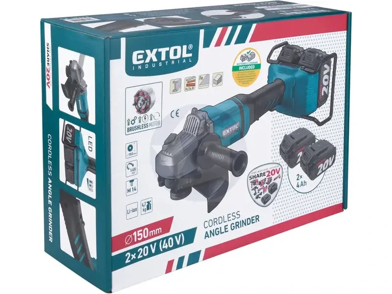 Brúska uhlová Share20V, 2x 4Ah, 150mm, 40V bezuhlíkový motor, EXTOL INDUSTRIAL
