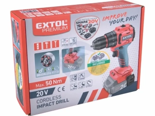 Vŕtačka s príklepom aku kompaktná Share20V, 1x 2Ah, 50Nm, bezuhlíkový motor, EXTOL PREMIUM + 1 akumulátor a nabíjačka