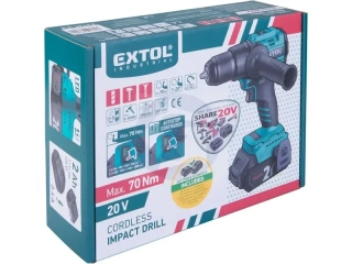 Vŕtačka s príklepom aku Share20V, 1x 2Ah, 70Nm, bezuhlíkový motor, EXTOL INDUSTRIAL s akumulátorom a nabíjačkou