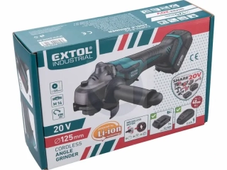 Brúska uhlová aku Share20V, 1x 2Ah, 125mm, bezuhlíkový motor, EXTOL INDUSTRIAL + akumulátor a nabíjačka
